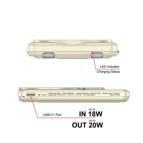 Външна батерия Verbatim Charge 'n' Go 2C Power Bank Magnetic Wireless 5000mAh with 2 USB-C Cables & Stand Gold