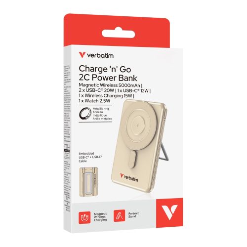 Външна батерия Verbatim Charge 'n' Go 2C Power Bank Magnetic Wireless 5000mAh with 2 USB-C Cables & Stand Gold
