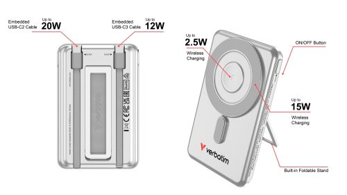 Външна батерия Verbatim Charge 'n' Go 2C Power Bank Magnetic Wireless 5000mAh with 2 USB-C Cables & Stand Silver