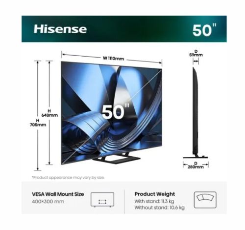 Телевизор Hisense 50" U7SE, 4K Ultra HD 3840x2160, ULED, FALD, Quantum Dot, 144Hz, IPS, HDR 10+, HLG, Dolby Vision IQ, Dolby Atmos, Smart TV, WiFi 5GHz, WiFi Direct, BT, Anyview Cast, 4xHDMI, 2xUSB, LAN, CI+, DVB-T2/C/S2, Black