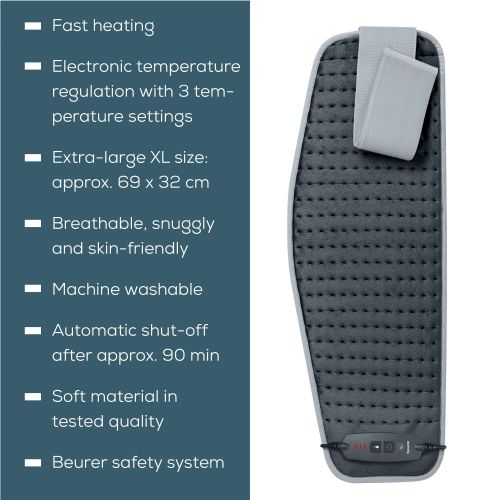 Термоподложка Beurer HK 60 Cosy Grey Abdominal & Back Heat Pad; 3 temperature settings; auto switch-off after 90 min; washable on 30°;Fast heating; Fleece fibre;BSS;69(L)x28(W) cm: Max waist 102sm