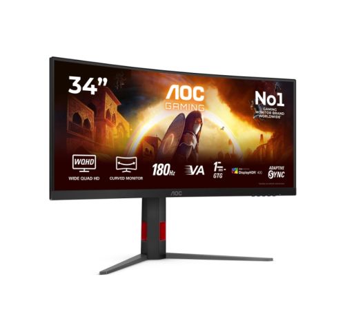 Монитор AOC CU34G4CA, 34" Curved 1500R, Fast VA, WLED, 3440x1440@180Hz, 1ms GtG, 0.5ms MPRT, 450cd m/2, 3000:1, Adaptive Sync, FlickerFree, Low Blue Light, Tilt, Height Adjust, Swivel, 2xHDMI, DP, USB hub