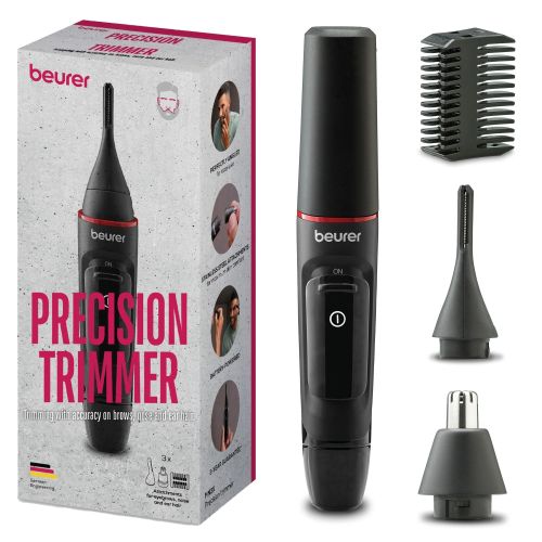 Тример Beurer MN3X mini trimer; For trimming and shaping eyebrow, nose and ear hairs; 2 attachments and extra comb attachment 3/6 mm; Splash-proof (IPX4)