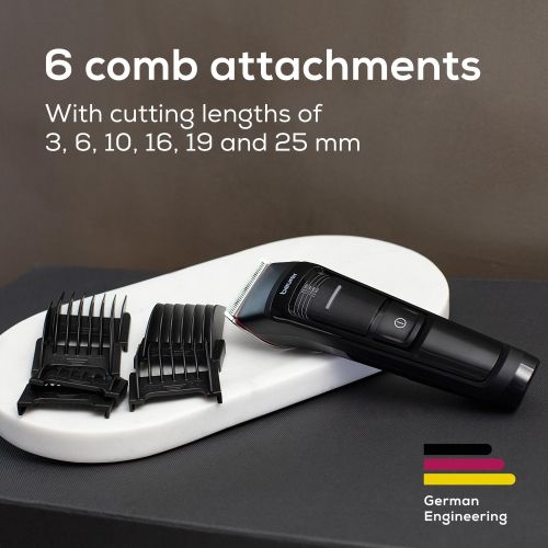 Машинка за подстригване Beurer MN5X hair clipper, 7 Attachments, 6 adjustable cutting lengths and 4-stage fine adjustment, LED display with battery display, Battery and mains operation, travel lock display and charge display, storage bag