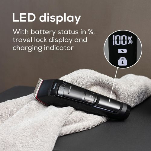 Машинка за подстригване Beurer MN5X hair clipper, 7 Attachments, 6 adjustable cutting lengths and 4-stage fine adjustment, LED display with battery display, Battery and mains operation, travel lock display and charge display, storage bag