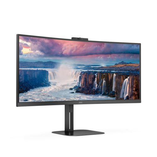 Монитор AOC CU34V5CW/BK, 34" Curved 1500R, VA, WLED, 3440x1440@100Hz, 4ms GtG, 1ms MPRT, 300cd m/2, 3000:1, 20M:1 DCR, Adaptive Sync, FreeSync, Low Blue Light, 5Wx2, 2MP Webcam, Tilt, Height Adjust, Swivel, HDMI, DP, USB hub