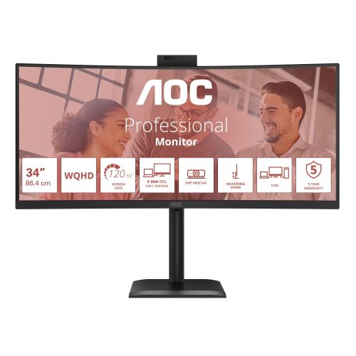 Монитор AOC CU34E4CW, 34" Curved 1500R, VA, WLED, 3440x1440@120Hz, 4ms GtG, 1ms MPRT, 350cd m/2, 3500:1, 50M:1 DCR, Adaptive Sync, FlickerFree, Anti-Blue Light, 5Wx2, Webcam 5MP, Tilt, Height Adjust, Swivel, 2xHDMI, DP, USB hub, KVM, RJ45