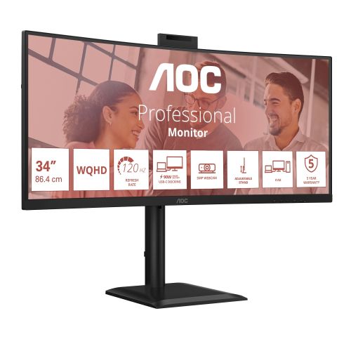 Монитор AOC CU34E4CW, 34" Curved 1500R, VA, WLED, 3440x1440@120Hz, 4ms GtG, 1ms MPRT, 350cd m/2, 3500:1, 50M:1 DCR, Adaptive Sync, FlickerFree, Anti-Blue Light, 5Wx2, Webcam 5MP, Tilt, Height Adjust, Swivel, 2xHDMI, DP, USB hub, KVM, RJ45