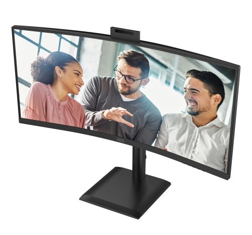 Монитор AOC CU34E4CW, 34" Curved 1500R, VA, WLED, 3440x1440@120Hz, 4ms GtG, 1ms MPRT, 350cd m/2, 3500:1, 50M:1 DCR, Adaptive Sync, FlickerFree, Anti-Blue Light, 5Wx2, Webcam 5MP, Tilt, Height Adjust, Swivel, 2xHDMI, DP, USB hub, KVM, RJ45