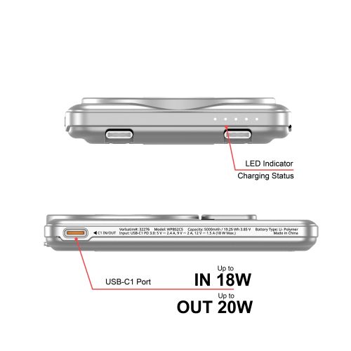 Външна батерия Verbatim Charge 'n' Go 2C Power Bank Magnetic Wireless 5000mAh with 2 USB-C Cables & Stand Silver