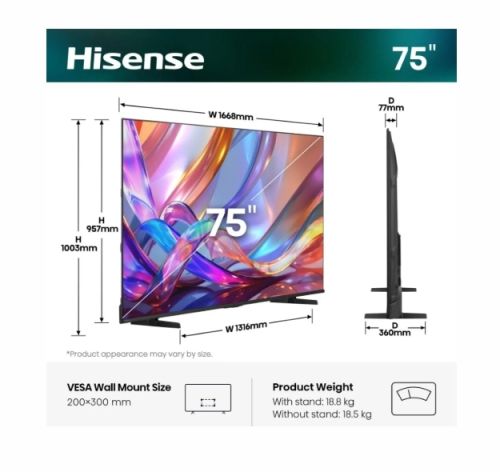 Телевизор Hisense 75" E7S, 4K Ultra HD 3840x2160, QLED, Quantum Dot, HDR 10+, HLG, Dolby Vision, DTS Virtual X, Smart TV, Light Sensor, WiFi Direct, BT, Anyview Cast, 3xHDMI, 2xUSB, LAN, CI+, DVB-T2/C/S2, Black