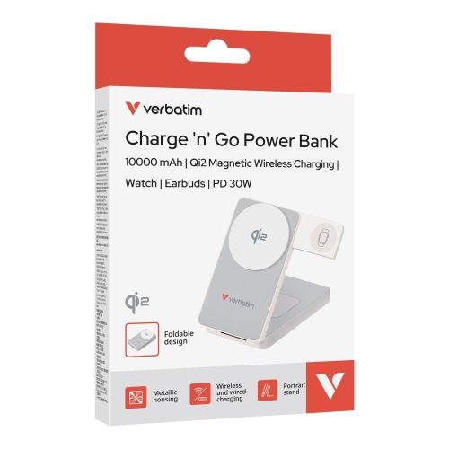 Външна батерия Verbatim Foldable 3-in-1 Qi2 Magnetic Wireless Power Bank 10000 mAh White