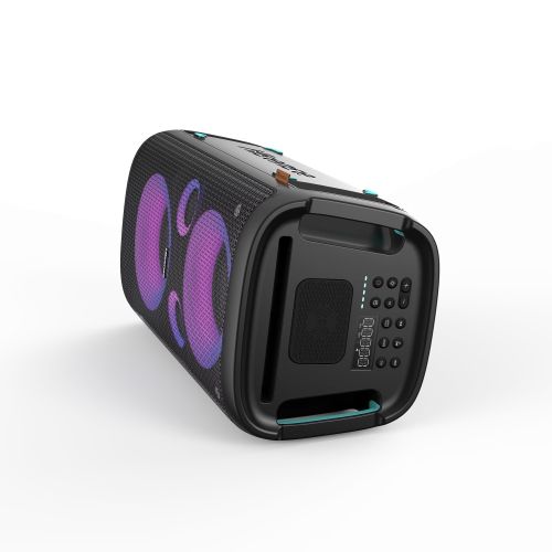 Аудио система Hisense Party Rocker One Plus (HP110) Bluetooth Speaker with 300W Power, Built-in Woofer, Karaoke Mode, Built-in Wireless Charging Pad, AUX Input and Output, USB, 15 Hour Long-Lasting Battery 4 x 2500Ah, 2x mics included, Black