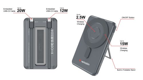 Външна батерия Verbatim Charge 'n' Go 2C Power Bank Magnetic Wireless 5000mAh with 2 USB-C Cables & Stand Grey