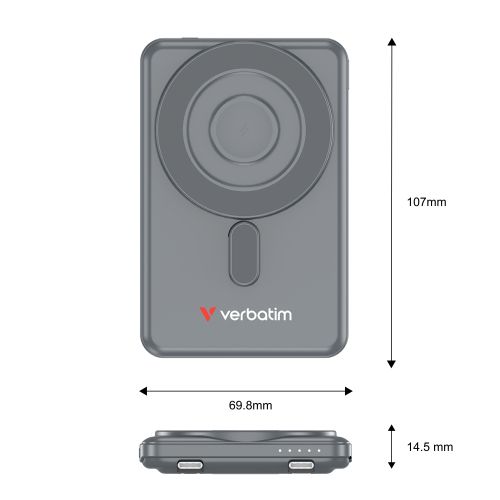 Външна батерия Verbatim Charge 'n' Go 2C Power Bank Magnetic Wireless 5000mAh with 2 USB-C Cables & Stand Grey