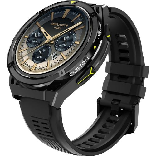 Часовник HiFuture Active Black Yellow, *1.43"  AMOLED, Dual Band GPS +Compass + Altimeter 466*466, Powered by Dual Core & Syntra AI, Bluetooth Call, 5ATM Waterproof, 24/7 True Heart Rate & Blood Oxygen Sensor, Up to 10 days daily use