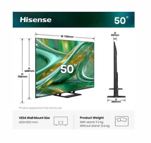 Телевизор Hisense 50" E8S, 4K Ultra HD 3840x2160, ULED, Quantum Dot,144 Hz,HDR 10+, HLG, Dolby Vision, DTS Virtual X, Smart TV, WiFi, Light Sensor, BT, Anyview Cast, 4xHDMI, 2xUSB, LAN, CI+, DVB-T2/C/S2, Singale Stand, Black