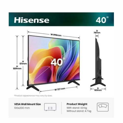 Телевизор Hisense 40" A4S, Full HD 1920x1080, DLED, HDR, HLG, DTS HD, Smart TV, WiFi, WiFi Direct, 2xHDMI, 2xUSB, LAN, CI+, DVB-T2/C/S2, Black