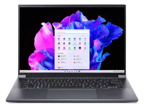 Лаптоп Acer Swift X 14, SFX14-71G-75L8, Intel Core i7-13700H(3.70GHz up to 5.00GHz, 24MB),14.5" 2.8K OLED (2880x1800) 120Hz, 16GB DDR5, 1024 GB NVMe SSD,RTX 4050 6GB GDDR6,  FHD Cam,WiFi 6E, BT 5.1, Micro SD card,Backlit Kbd, Win 11 Home , Steel Gray