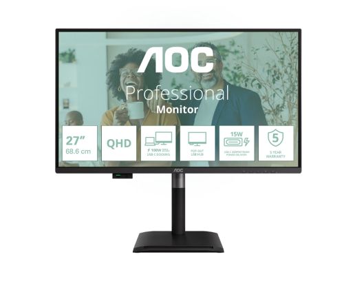 Монитор AOC Q27P4CV, 27" IPS WLED, 2560x1440@120Hz, 4ms GtG, 350cd m/2, 1500:1, 50M:1 DCR, Adaptive Sync, FlickerFree, Anti-Blue Light, 2Wx2, Tilt, Height Adjust, Pivot, Swivel, HDMI, DP, USB hub, RJ45