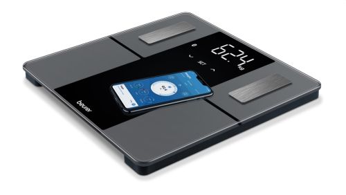 Везна Beurer BF 500 BT diagnostic bathroom scale in black, titanium-coated stainless steel electrodes, extra-large magic display 40mm, Weight, body fat, body water, muscle percentage, bone mass, AMR/BMR calorie display; BMI calculation; Bluetooth; 180 kg 