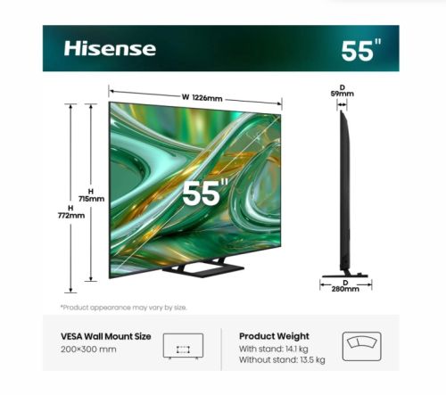 Телевизор Hisense 55" E8S, 4K Ultra HD 3840x2160, ULED, Quantum Dot,144 Hz,HDR 10+, HLG, Dolby Vision, DTS Virtual X, Smart TV, WiFi, Light Sensor, BT, Anyview Cast, 4xHDMI, 2xUSB, LAN, CI+, DVB-T2/C/S2, Singale Stand, Black
