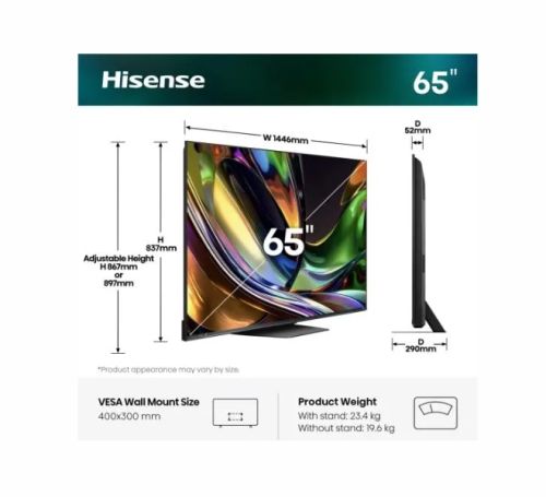 Телевизор Hisense 65" UR8S, 4K Ultra HD 3840x2160, RGB Mini Led , DLED, Quantum Dot, 180Hz, IPS, HDR 10+, HLG, Dolby Vision IQ, Dolby Atmos, Smart TV,Light Sensor,WiFi 6eGHz, WiFi Direct, BT,2x10 W + 20 W + 2x5 W, Anyview Cast, 4xHDMI, 2xUSB, LAN, CI+, DV