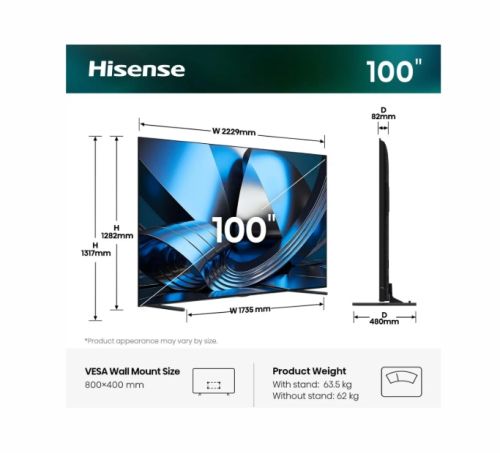 Телевизор Hisense, 100''U7SE,ULED Smart, FALD, 165Hz, 5000:1,Quantum Dot, Dolby vision IQ,Vidaa, ADS, Black