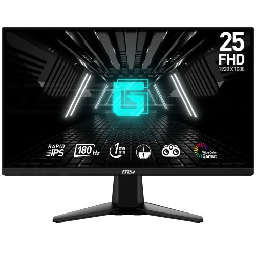 Монитор MSI G255F Gaming Monitor, 24.5", 1ms, 180Hz Rapid IPS, 1920x1080 FHD, AMD FreeSync Premium, Night Vision, Anti-Flicker, Less Blue Light, 300nits AG, 16.7M, 1000:1, 100M:1, DP(1.2a), 2xHDMI (2.0b), Headphone out, Tilt, VESA 100, Black, 3.24kg