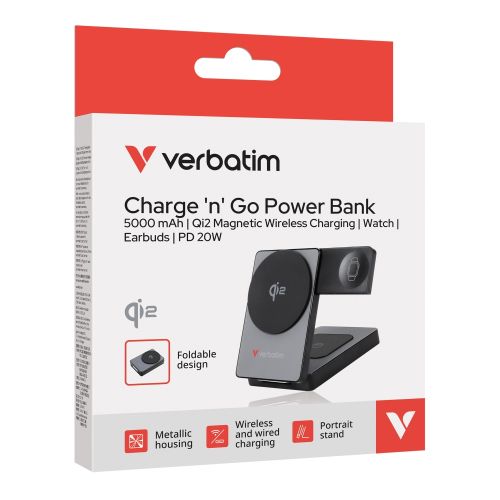 Външна батерия Verbatim Foldable 3-in-1 Qi2 Magnetic Wireless Power Bank 5000 mAh Grey