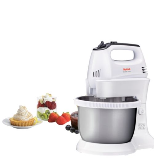 Миксер Tefal HT312138, Quick mix Hand Mixer with bowl, 300 W, 5 Speeds + turbo, 2 Beaters, 2 Dough hooks, automatic rotating bowl, white & inox standbowl