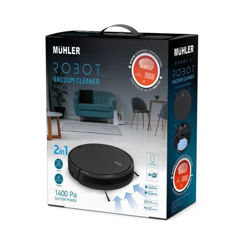 Робот прахосмукачка Muhler Bobby 1 – 2 в 1 сухо и мокро почистване, 1400 Pa всмукване, Wi-Fi управление