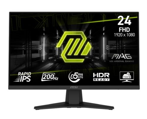 Монитор MSI MAG 244F, 23.8", 0.5ms, 200Hz, Rapid IPS, 1920x1080 (FHD), 16:9, AMD FreeSync Premium, 96% DCI-P3, AG, HDR Ready, 300 nits, 1000:1, DCR 100M:1, DP(1.2a), HDMI 2.0b, Tilt, VESA, Black, 2.9kg