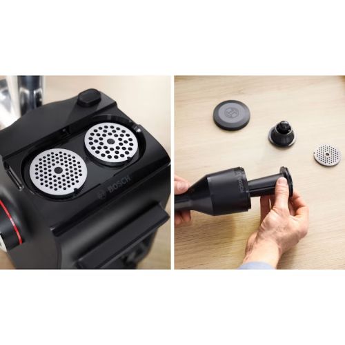 Месомелачка Bosch MFWS440B, Meat mincer - MultiPower 1900 W, Planetary gearbox, 2,5 kg/min, kebbe attachment, sausage attachment, reverse function, Black