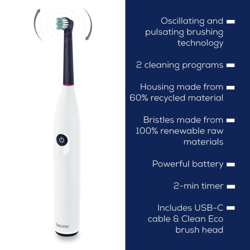 Електрическа четка за зъби Beurer TB 15 Electric toothbrush; 2 cleaning programs; 12days Battery life; 2-min timer; Oscillating, pulsating, brushing technology; Incl. USB-C charging cable and Clean Eco brush head; white