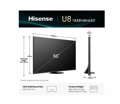 Телевизор Hisense 55" U8Q, 4K Ultra HD 3840x2160, Mini Led Pro, FALD, Quantum Dot, 165Hz, IPS, HDR 10+, HLG, Dolby Vision IQ, Dolby Atmos, Smart TV,Light Sensor,WiFi 5GHz, WiFi Direct, BT, Anyview Cast, 3xHDMI, 2xUSB,1x USB (3.0) , LAN, CI+, DVB-T2/C/S2, 