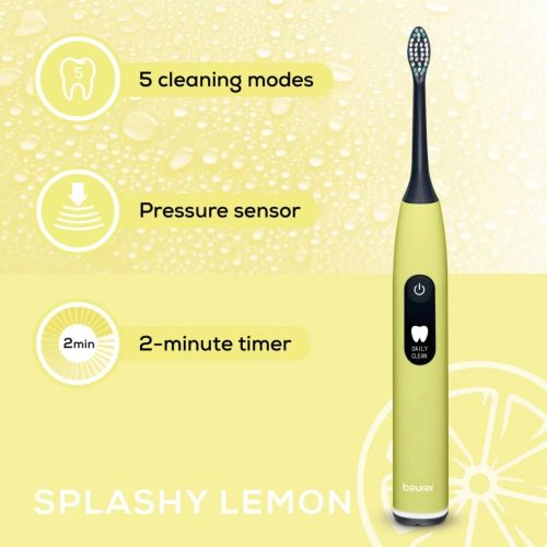 Електрическа четка за зъби Beurer SC 50 splashy lemon Electric Sonic Toothbrush, up to 80,000 mov/min, 5 cleaning programs: Clean, Sensitive, Polish, Gum Care, Whiten, Pressure sensor , 2-min. timer, Incl. 2 toothbrush heads and magnetic charging plate, 2