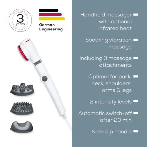 Масажор Beurer MG 44 infrared massager; Soothing vibration massage; Rotating massage head and 3-way adjustable handle; Infrared heat; 3 function levels; 4 interchangeable massage attachments