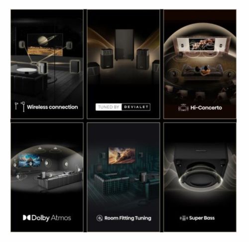 Аудио система Hisense HT Saturn, 4.1.2Ch Sound Bar with Wireless Subwoofer, 720W, Dolby Atmos, Tuned by Devialet , DTS:X,Quad Satellite Speakers , Black