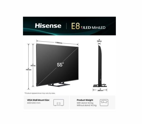 Телевизор Hisense 55" E8Q, 4K Ultra HD 3840x2160, ULED, Quantum Dot,144 Hz,HDR 10+, HLG, Dolby Vision, DTS Virtual X, Smart TV, WiFi, Light Sensor, BT, Anyview Cast, 4xHDMI, 2xUSB, LAN, CI+, DVB-T2/C/S2, Singale Stand, Black