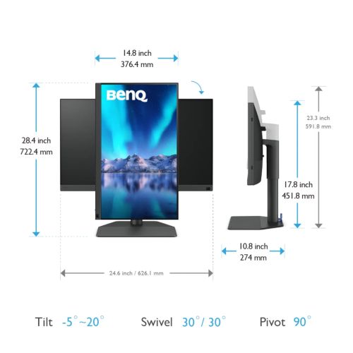Монитор BenQ SW272Q 27" IPS, 2K, 2560x1440 2K, 300 cd/m2, Photographer Monitor, 100% sRGB, 99% Adobe RGB, 99% P, Hard.Calubrat., 1.07 billion colors, HDMI 2.0 x2, DP 1.4,USB-Type C x1 (90W PDelivery), USB 3.1 Hub, 16 bit 3D LUT, HDR10/HLG,HAdj. 140mm,Tilt
