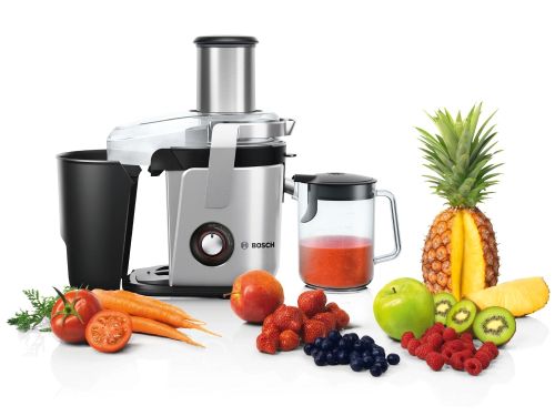 Сокоизстисквачка Bosch MES4010, Centrifugal juicer 1200 W, 3 speeds, 3 lt pulp container, 1.5 ltr juice container & foam separator, XXL feeding tube (84 mm), ceramic knife, electropolished stainless steel sieve, die-cast aluminum body and clamps, juice ou