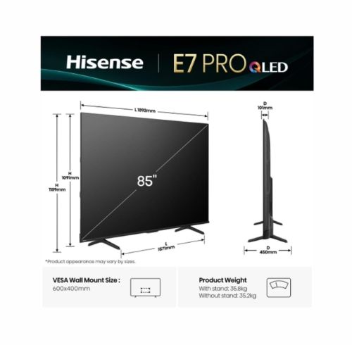 Телевизор Hisense 85" E7Q Pro, 4K Ultra HD 3840x2160, QLED, Quantum Dot, 144Hz, HDR 10+ adaptive, HLG, Dolby Vision, Hi-Concerto,Dolby Vision Atmos, Smart TV, WiFi 5GHz, WiFi Direct,Light Sensor, BT, Anyview Cast, 4xHDMI, 2xUSB, LAN, CI+, DVB-T2/C/S2, Bla