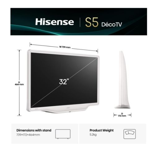 Телевизор Hisense 32" S5Q, Full HD 1920x1080, QLED, 220 nits, HDR, HLG, DTS HD, Light Sensor, Dolby Audio, Smart TV, WiFi, WiFi Direct, 2xHDMI, 2xUSB, LAN, CI+, DVB-T2/C/S2, White
