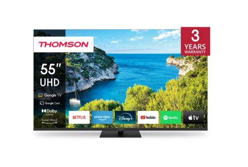 Телевизор Thomson Smart UHD TV 55"; Google TV; 3840 x 2160 (4K UHD), 4000:1, DLED, 60 Hz, DVB-T/T2/C/S/S2, HDR10, Wi-Fi, Bluetooth, LAN, HDMI 2 (2.0) + 2 (2.1), USB 2 (2.0) + 1 (3.0),Central Swivel Stand, Black