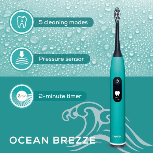 Електрическа четка за зъби Beurer SC 50 ocean breeze Electric Sonic Toothbrush, up to 80,000 mov/min, 5 cleaning programs: Clean, Sensitive, Polish, Gum Care, Whiten, Pressure sensor , 2-min. timer, Incl. 2 toothbrush heads and magnetic charging plate, 22