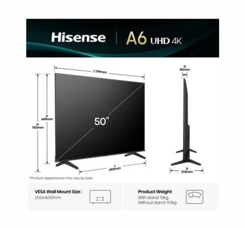 Телевизор Hisense 50" A6Q, 4K Ultra HD 3840x2160, DLED, DFA, Precision Colour, HDR 10+, HLG, Dolby Vision,Light sensor, Smart TV, WiFi, BT, AnyView Cast, Gaming Mode, 1xHDMI2 eArc, 3xHDMI, 2xUSB, LAN, CI+, DVB-T2/C/S2, Black