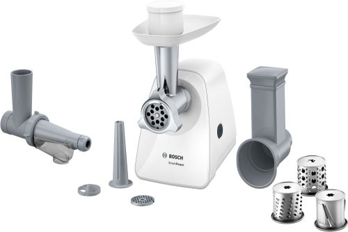 Месомелачка Bosch MFW2517W, Meat mincer, SmartPower Meat mincer from SmartPower range: 1500W, 1,7 kg/min, 2 sieves, 1 sausage horn, fruit press attachment, shredder with 3 barrels, no reverse, white