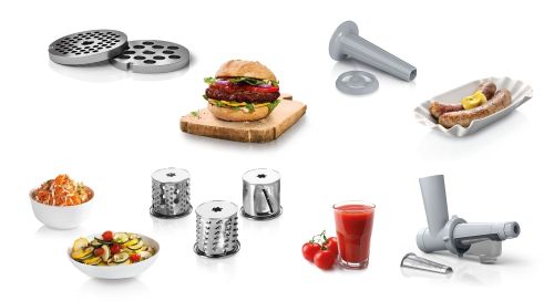 Месомелачка Bosch MFW2517W, Meat mincer, SmartPower Meat mincer from SmartPower range: 1500W, 1,7 kg/min, 2 sieves, 1 sausage horn, fruit press attachment, shredder with 3 barrels, no reverse, white