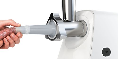 Месомелачка Bosch MFW2517W, Meat mincer, SmartPower Meat mincer from SmartPower range: 1500W, 1,7 kg/min, 2 sieves, 1 sausage horn, fruit press attachment, shredder with 3 barrels, no reverse, white